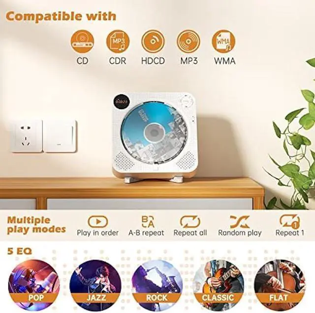 Alt view image 5 of 6 - CD Player Portable, Bluetooth CD Player with Speakers Wall CD Player for Home Rechargeable with Remote Control FM Radio Digital Screen Headphone Jack, Portable CD Player for Car Support AUX USB