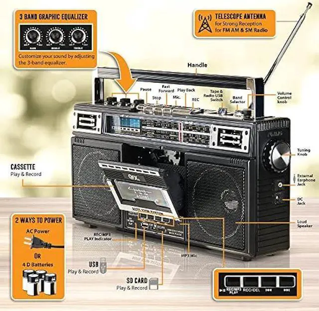 Alt view image 3 of 5 - QFX J-220BT Boombox MP3 Conversion from Radio to Cassette with 4-Band (AM, FM, SW1, SW2) Radio with Bluetooth, Rechargeable Battery, Dual 3 Speakers, Built-in Microphone, Recorder, 3-Band Equalizer