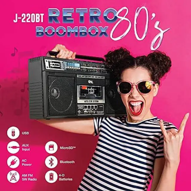 Alt view image 2 of 5 - QFX J-220BT Boombox MP3 Conversion from Radio to Cassette with 4-Band (AM, FM, SW1, SW2) Radio with Bluetooth, Rechargeable Battery, Dual 3 Speakers, Built-in Microphone, Recorder, 3-Band Equalizer
