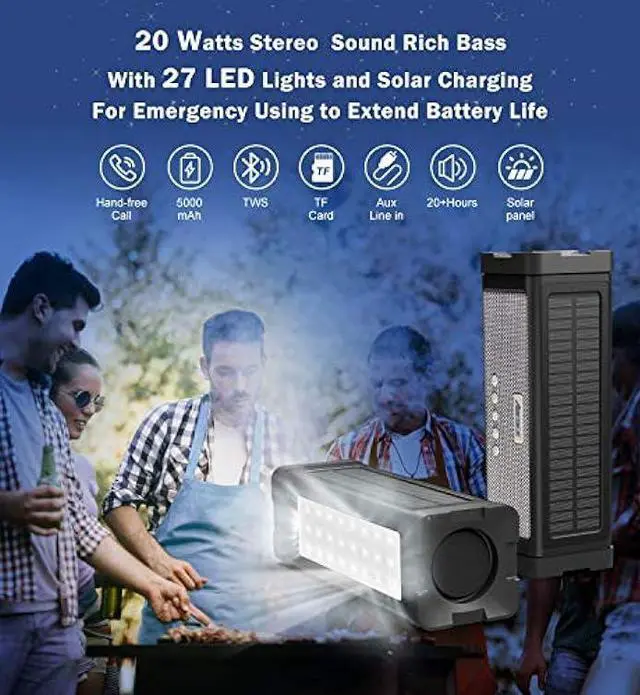 Alt view image 2 of 5 - ABFOCE Solar Bluetooth Speaker,IPX7 Waterproof Speaker 20W Rich Bass,with 27 LEDs Lights TWS Wireless Speaker Bluetooth Portable, 5000mAh Power Bank,Mic,TF Card,for Outdoor Shower Home Patio-Black