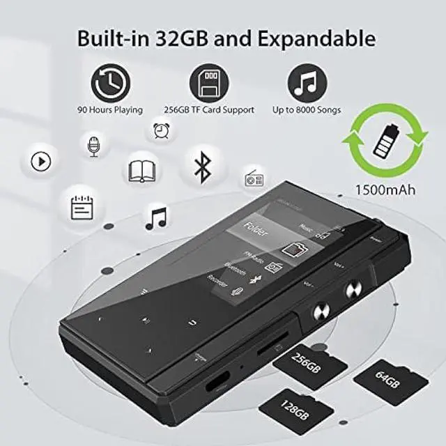 Alt view image 6 of 6 - 32GB MP3 Player with Bluetooth 5.0, Phinistec Z6 Digital Audio Player with Speaker, Portable Music Player Metal Body & Glass Back, FM Radio, E-Book, Voice Recorder, Supports up to 256GB