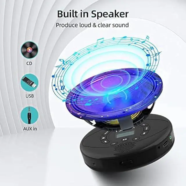 Alt view image 4 of 6 - CD Player Portable,Discman Rechargeable,Walkman CD Player with Speaker, Headphones,CD-R,MP3 USB playable,Anti Skip CD Playing for car,Suitable for Personal or Multi-Users,Black