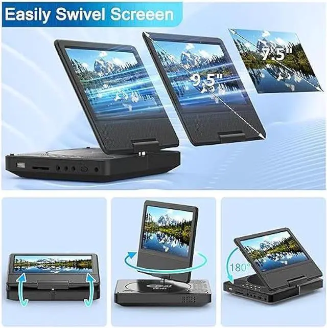 Alt view image 5 of 7 - 9.5 Portable DVD Player with 7.5 Swivel Display Screen, 5-Hour Built-in Rechargeable Battery, Car DVD Player,Supports SD Card/USB/CD/DVD and Multiple Disc Formats, High Volume Speaker,Black