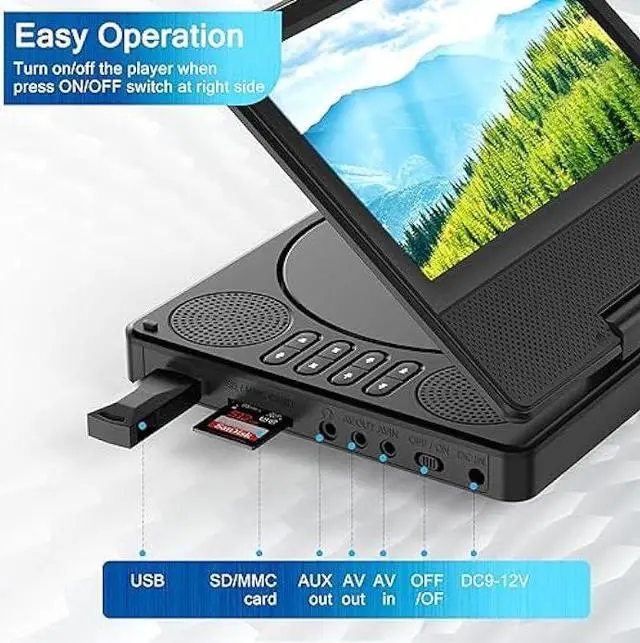 Alt view image 6 of 7 - 9.5 Portable DVD Player with 7.5 Swivel Display Screen, 5-Hour Built-in Rechargeable Battery, Car DVD Player,Supports SD Card/USB/CD/DVD and Multiple Disc Formats, High Volume Speaker,Black