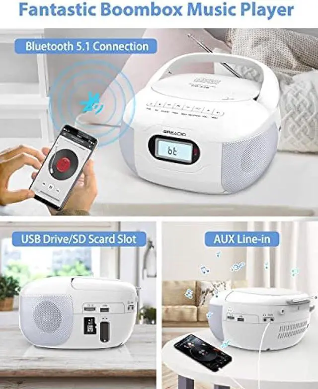 Alt view image 3 of 6 - Greadio Boombox CD Player, Portable FM Radio CD Player with Bluetooth 5.1, LCD Display, AC/Battery Powered, Remote Control, TF/USB/AUX Port, Headphone Jack, CD-R/CD-RW Compatible for Home,Senior,Kids