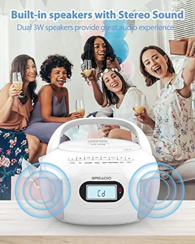 Alt view image 5 of 6 - Greadio Boombox CD Player, Portable FM Radio CD Player with Bluetooth 5.1, LCD Display, AC/Battery Powered, Remote Control, TF/USB/AUX Port, Headphone Jack, CD-R/CD-RW Compatible for Home,Senior,Kids