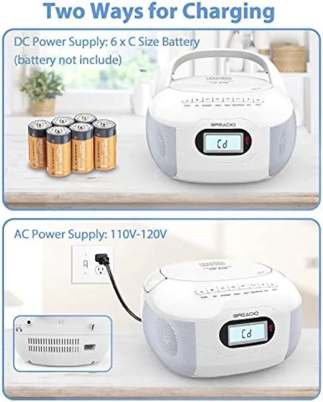 Alt view image 6 of 6 - Greadio Boombox CD Player, Portable FM Radio CD Player with Bluetooth 5.1, LCD Display, AC/Battery Powered, Remote Control, TF/USB/AUX Port, Headphone Jack, CD-R/CD-RW Compatible for Home,Senior,Kids