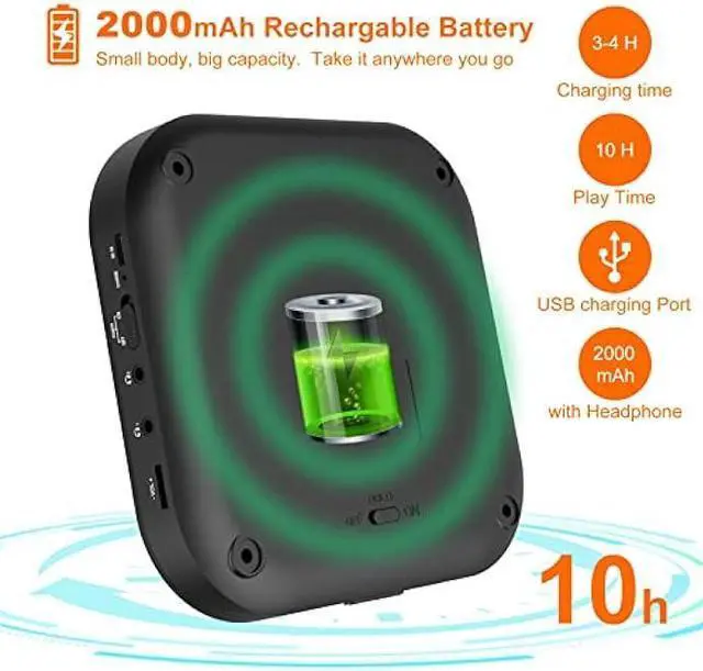Alt view image 6 of 6 - CD Player Portable, MONODEAL Bluetooth CD Player with Speakers and FM Transmitter, Rechargeable 1800mAh CD Player for Car and Home with LED Screen