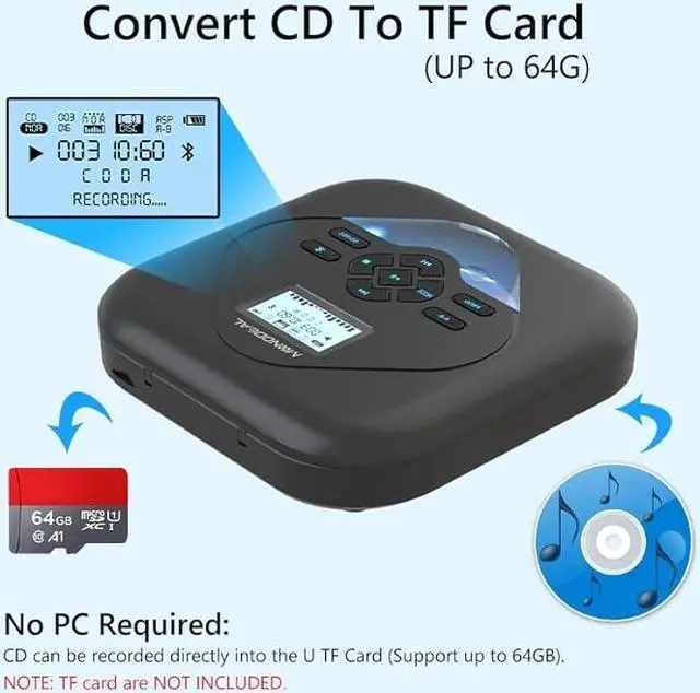 Alt view image 4 of 5 - MONODEAL CD Player Portable,Bluetooth CD Player with Speakers,Rechargeable Walkman CD Player for Car and Home,Small Anti-Skip CD Player with Dual Headphone Jacks,WAV/FLAC/MP3/CD Compatible