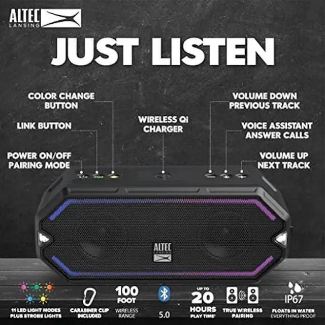 Alt view image 5 of 5 - Altec Lansing HydraBlast Wireless Portable Bluetooth Speaker, IP67 Waterproof for Parties, USB C Rechargeable Outdoor Speakers with Built In Phone Charger and LED Lights, 20 Hour Playtime (Royal Blue)