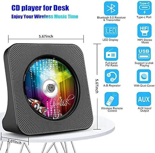 Alt view image 3 of 6 - Gueray Portable CD Player, Bluetooth CD Kpop Player for Desktop with HiFi Sound Speaker, FM Radio CD Music Player for Home with Remote Control, Dust Cover, LED Screen, Support AUX/USB, Headphone Jack