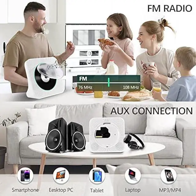 Alt view image 4 of 6 - Sleek Design CD Player, Bluetooth CD Player with Speakers, Dual Speaker Enhance with AUX USB Music & FM Radio, Desktop CD Player for Home with USB-C, Pearl White CD Players LCD Timer,Alarm & Kpop CD