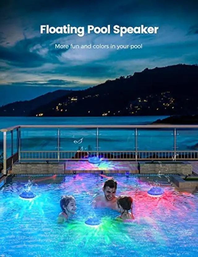 Alt view image 3 of 7 - Floating Pool Speaker with Colorful LED Lights, IPX7 Waterproof Hot Tub Bluetooth Speakers, 10W Stereo Loud Sound, Built-in Mic,Bluetooth 5.3 Portable Wireless Speaker for Shower Bathtub Outdoor Swim