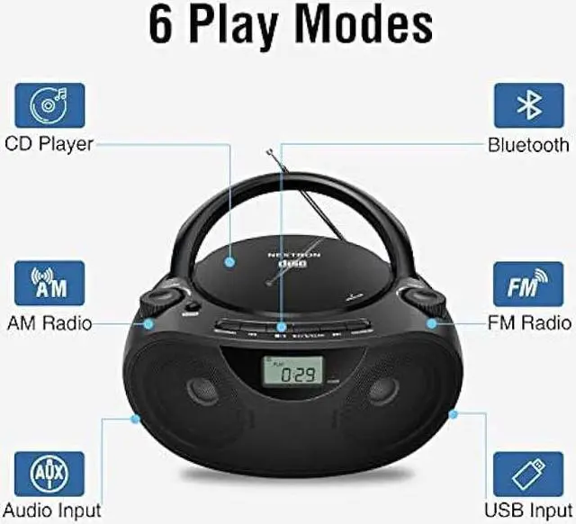 Alt view image 2 of 5 - Portable CD Player Bluetooth Boombox with AM/FM Radio, USB, AUX-in, Headphone Jack, CD-R/RW & MP3-CD Compatible, Stereo Sound with Bass Boost, AC/Battery Operated  Black