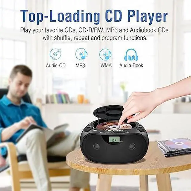 Alt view image 4 of 5 - Portable CD Player Bluetooth Boombox with AM/FM Radio, USB, AUX-in, Headphone Jack, CD-R/RW & MP3-CD Compatible, Stereo Sound with Bass Boost, AC/Battery Operated  Black