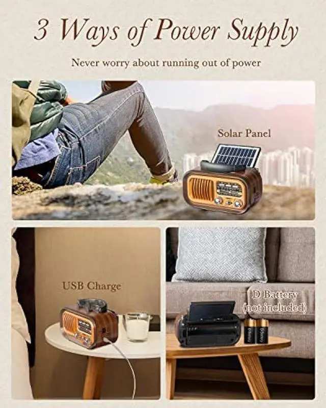 Alt view image 2 of 6 - 2023 Newest PRUNUS J-150 Small Retro Vintage Radio Bluetooth, Portable Radio AM FM Transistor with Best Sound, Solar/Battery Operated Radio/Rechargeable Radio, TWS, Support TF Card/USB Playing