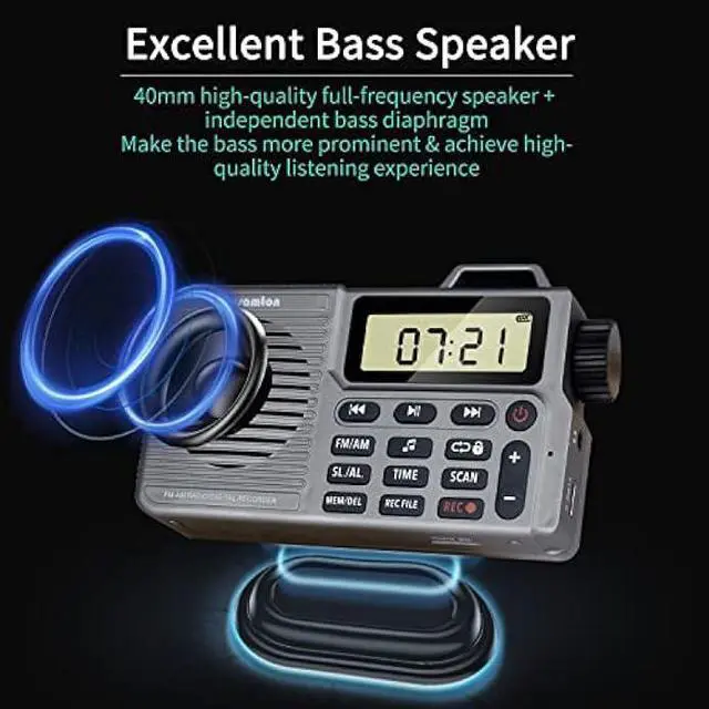 Alt view image 3 of 7 - Portable AM/FM Radio, Small Pocket Radio with Bluetooth, Bass Speaker, Support Micro SD Card and Record, Long Battery Life, Alarm and Sleep Function