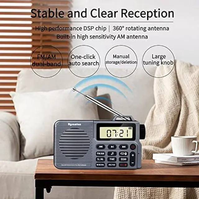 Alt view image 6 of 7 - Portable AM/FM Radio, Small Pocket Radio with Bluetooth, Bass Speaker, Support Micro SD Card and Record, Long Battery Life, Alarm and Sleep Function