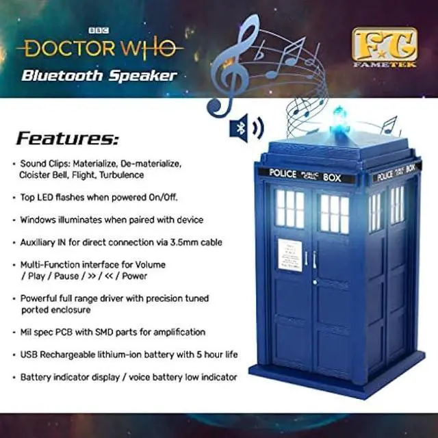 Alt view image 3 of 6 - FAMETEK Doctor Who Tardis Wireless Bluetooth Speaker Plays Music, Lights Up, Accurate Sounds Effects |Gifts for Men or Women - Best Gifts Birthday Collectibles for Doctor Who