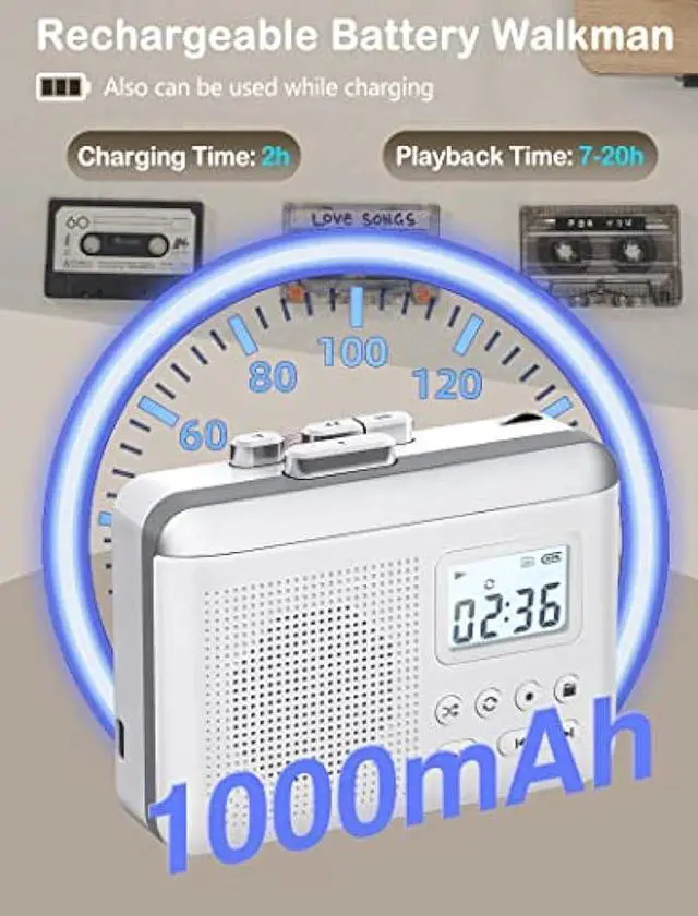 Alt view image 5 of 6 - Gracioso Portable Cassette Player Recorder Converter,Cassette to MP3 via SD Card, Walkman Cassette Tape Player with 1000mah Rechargeable Battery,Built-in Microphone&Speaker,Headphone Jack,16GB SD Card
