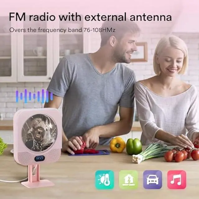 Alt view image 4 of 7 - Kpop Pink CD Player Wall with Speakers,CD Players for Home with Bluetooth Boombox, Wired Desktop FM Radio,CD Music Player with Remote Control with LED Support Copy/Alarm Clock/CD/USB/TF/AUX, Gift