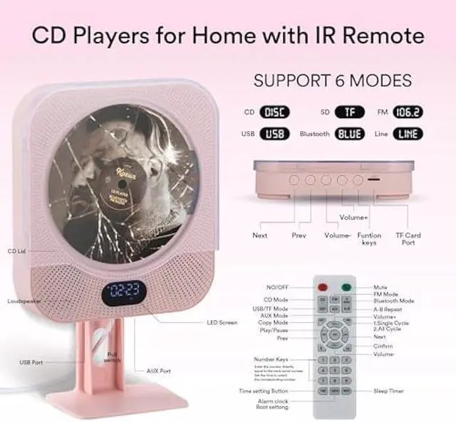 Alt view image 5 of 7 - Kpop Pink CD Player Wall with Speakers,CD Players for Home with Bluetooth Boombox, Wired Desktop FM Radio,CD Music Player with Remote Control with LED Support Copy/Alarm Clock/CD/USB/TF/AUX, Gift