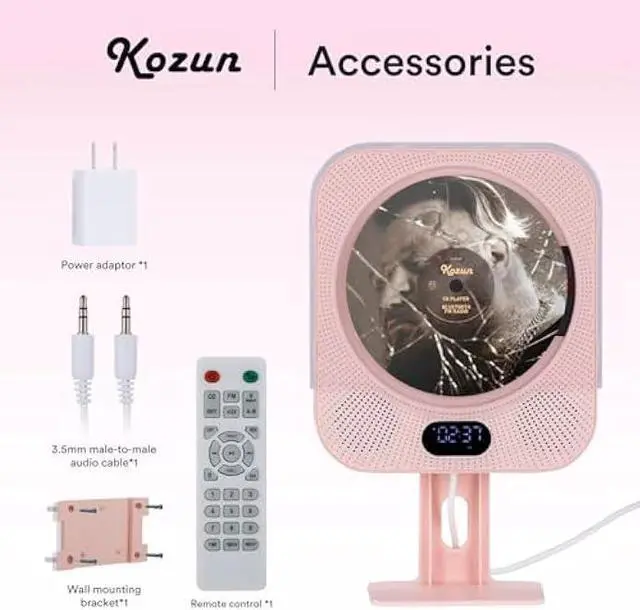 Alt view image 6 of 7 - Kpop Pink CD Player Wall with Speakers,CD Players for Home with Bluetooth Boombox, Wired Desktop FM Radio,CD Music Player with Remote Control with LED Support Copy/Alarm Clock/CD/USB/TF/AUX, Gift