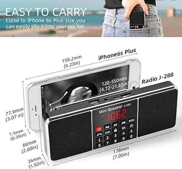 Alt view image 2 of 5 - PRUNUS J-288 Portable Radio AM FM Radio with Bluetooth Speaker, Sleep Timer, Power-Saving Display, Ultra-Long Antenna, AUX Input & USB Disk & TF Card MP3 Player, NO Manual Preset