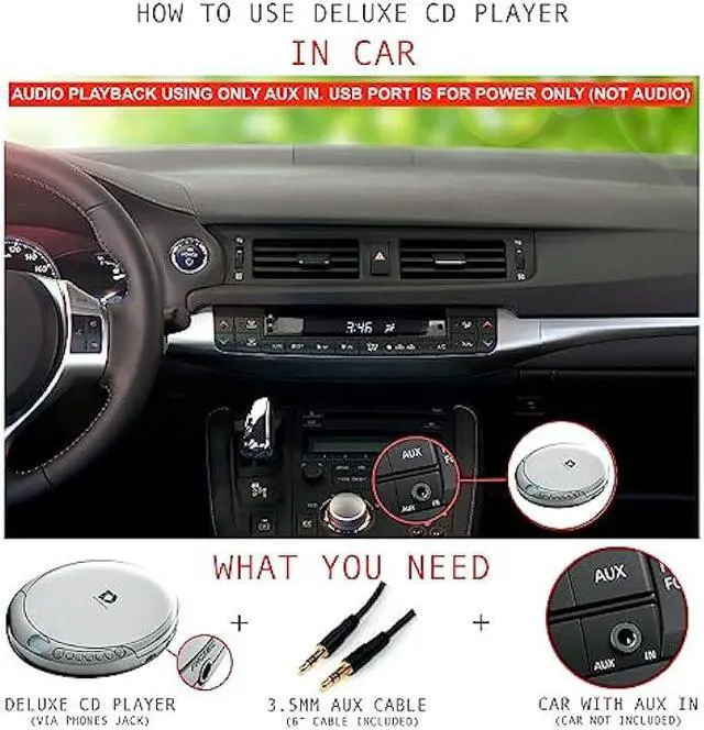 Alt view image 3 of 7 - Deluxe Products CD Player Portable with 60 Second Anti Skip, Stereo Earbuds, Includes Aux in Cable and AC USB Power Cable for use at Home or in Car. Silver