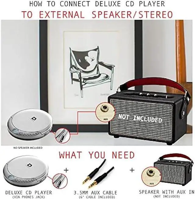 Alt view image 4 of 7 - Deluxe Products CD Player Portable with 60 Second Anti Skip, Stereo Earbuds, Includes Aux in Cable and AC USB Power Cable for use at Home or in Car. Silver