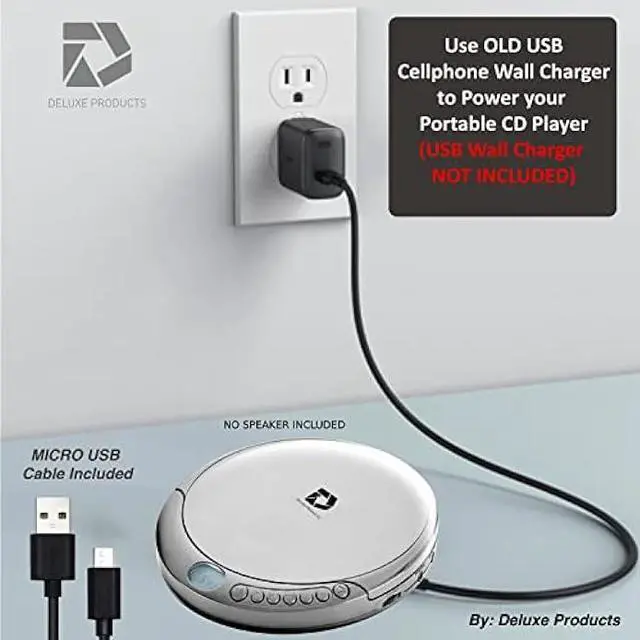 Alt view image 6 of 7 - Deluxe Products CD Player Portable with 60 Second Anti Skip, Stereo Earbuds, Includes Aux in Cable and AC USB Power Cable for use at Home or in Car. Silver