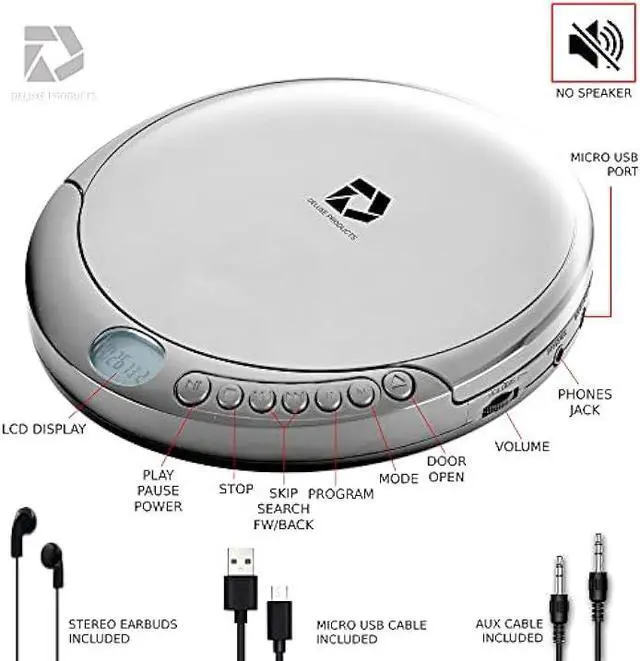 Alt view image 7 of 7 - Deluxe Products CD Player Portable with 60 Second Anti Skip, Stereo Earbuds, Includes Aux in Cable and AC USB Power Cable for use at Home or in Car. Silver