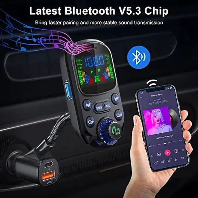 Alt view image 2 of 5 - Bluetooth 5.3 FM Transmitter for Car SOARUN Bluetooth Car Adapter PD30W & USB Port Fast Charge, HiFi Treble & Bass Player, 1.6 Display Hands-Free Calling Truck Radio with AUX Input/Output, TF Card