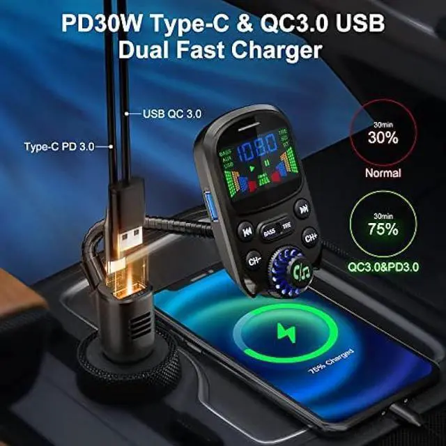 Alt view image 3 of 5 - Bluetooth 5.3 FM Transmitter for Car SOARUN Bluetooth Car Adapter PD30W & USB Port Fast Charge, HiFi Treble & Bass Player, 1.6 Display Hands-Free Calling Truck Radio with AUX Input/Output, TF Card