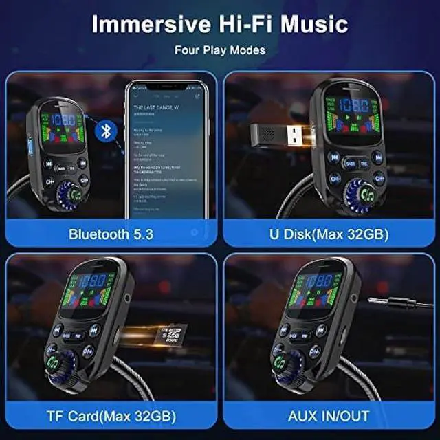 Alt view image 5 of 5 - Bluetooth 5.3 FM Transmitter for Car SOARUN Bluetooth Car Adapter PD30W & USB Port Fast Charge, HiFi Treble & Bass Player, 1.6 Display Hands-Free Calling Truck Radio with AUX Input/Output, TF Card