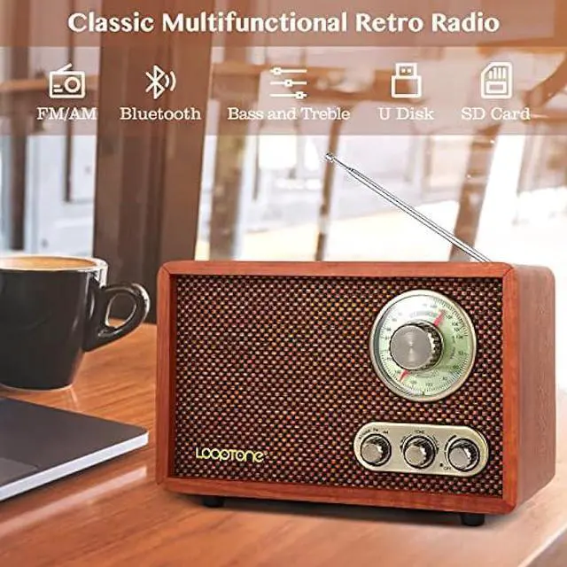 Alt view image 3 of 6 - LoopTone USB SD Multifunction AM FM Vintage Radio with Bluetooth Speaker,Retro Wood Table Radio for Kitchen Living Room with Rotary Knob Brown