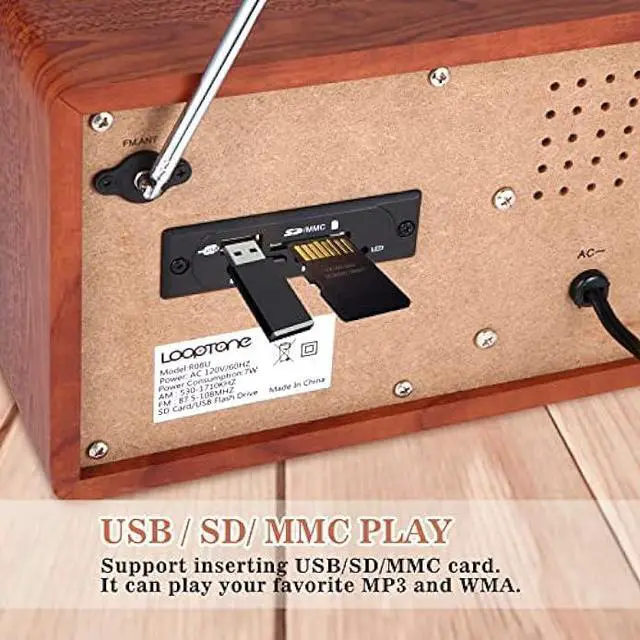 Alt view image 6 of 6 - LoopTone USB SD Multifunction AM FM Vintage Radio with Bluetooth Speaker,Retro Wood Table Radio for Kitchen Living Room with Rotary Knob Brown
