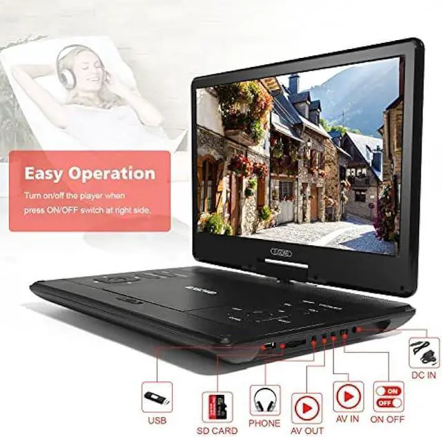 Alt view image 2 of 6 - 16.9 Portable DVD Player with 14.1 Large HD Screen,High Volume Speaker,with Extra Carrying Bag,Supports 6 Hours Built-in Battery and USB/SD Card/Sync TV [Not Support Blu-Ray]