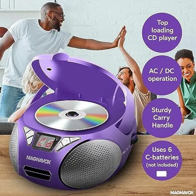 Alt view image 3 of 5 - Magnavox MD6924 Portable Top Loading CD Boombox with AM/FM Stereo Radio in Black | CD-R/CD-RW Compatible | LED Display | AUX Port Supported | Programmable CD Player | (Purple)