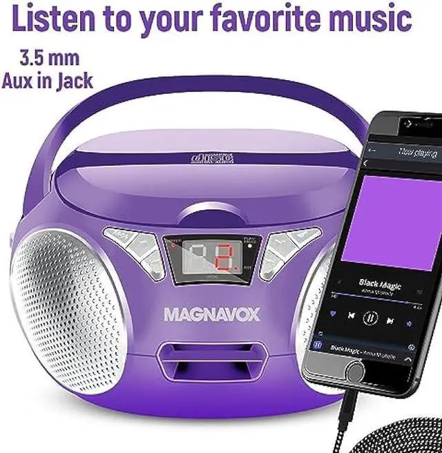 Alt view image 5 of 5 - Magnavox MD6924 Portable Top Loading CD Boombox with AM/FM Stereo Radio in Black | CD-R/CD-RW Compatible | LED Display | AUX Port Supported | Programmable CD Player | (Purple)