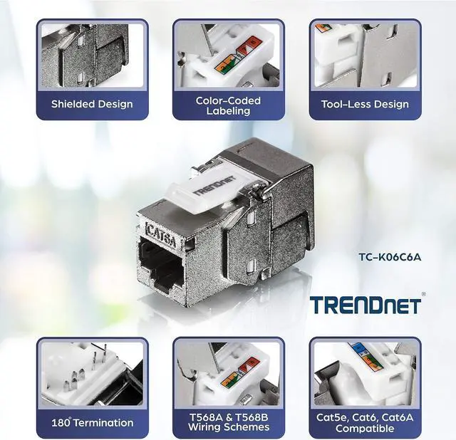 Alt view image 4 of 7 - TRENDnet Shielded Cat6A RJ45 Keystone Jack 6-Pack Bundle, Use with The TC-KP24S Shielded Blank Keystone Patch Panel (Sold Separately), Silver, TC-K06C6A