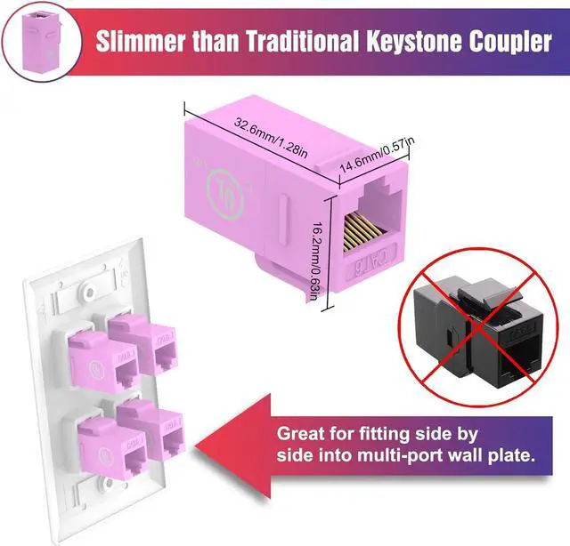 Alt view image 3 of 7 - VCE RJ45 Cat6 Keystone Jack Inline Coupler UL Listed 25-Pack, Female to Female Ethernet Cable Extender Network Insert UTP for Cat6/Cat5e/Cat5 Cable, Pink