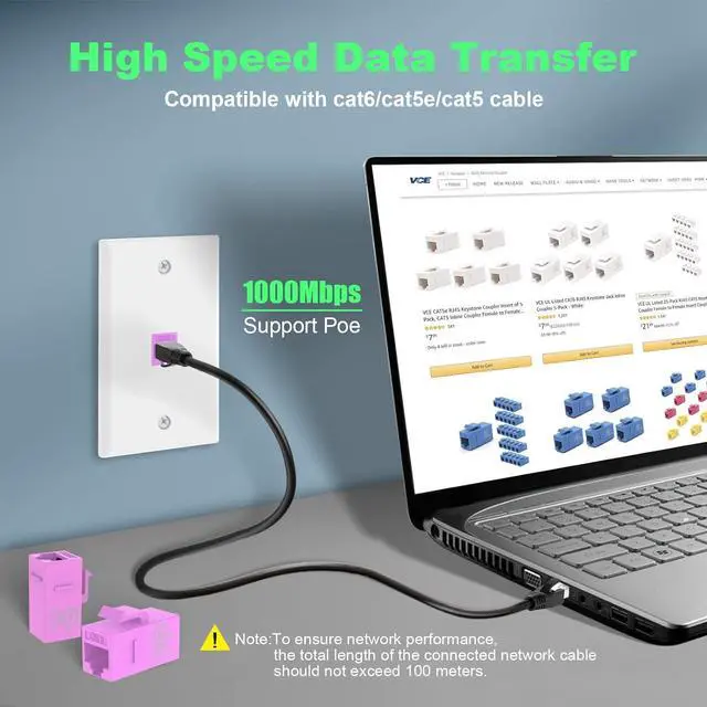 Alt view image 4 of 7 - VCE RJ45 Cat6 Keystone Jack Inline Coupler UL Listed 25-Pack, Female to Female Ethernet Cable Extender Network Insert UTP for Cat6/Cat5e/Cat5 Cable, Pink
