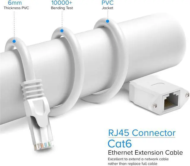 Alt view image 5 of 7 - Ethernet Extension Cable, Cat 6 Ethernet Cable Extender, Internet Cable with Shielded RJ45 Male-to-Female Connector, LAN Cable Extension for Patch Networks, White (10 Feet, 2 Pack)