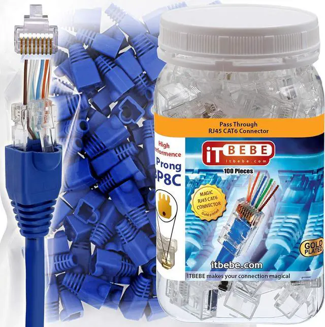 Main image of TBEBE 100 Sets of RJ45 Cat6 Pass-Through Connectors for 24 AWG Cables - 100 Pieces Cat6 Connectors Ends and 100 Pcs RJ45 Connectors Blue Strain Relief Boots for Clean, snag-Free ethernet Patch Cord