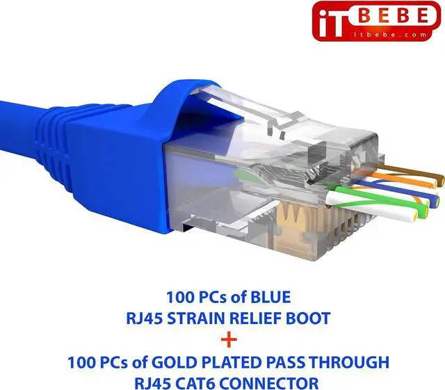 Alt view image 2 of 7 - TBEBE 100 Sets of RJ45 Cat6 Pass-Through Connectors for 24 AWG Cables - 100 Pieces Cat6 Connectors Ends and 100 Pcs RJ45 Connectors Blue Strain Relief Boots for Clean, snag-Free ethernet Patch Cord
