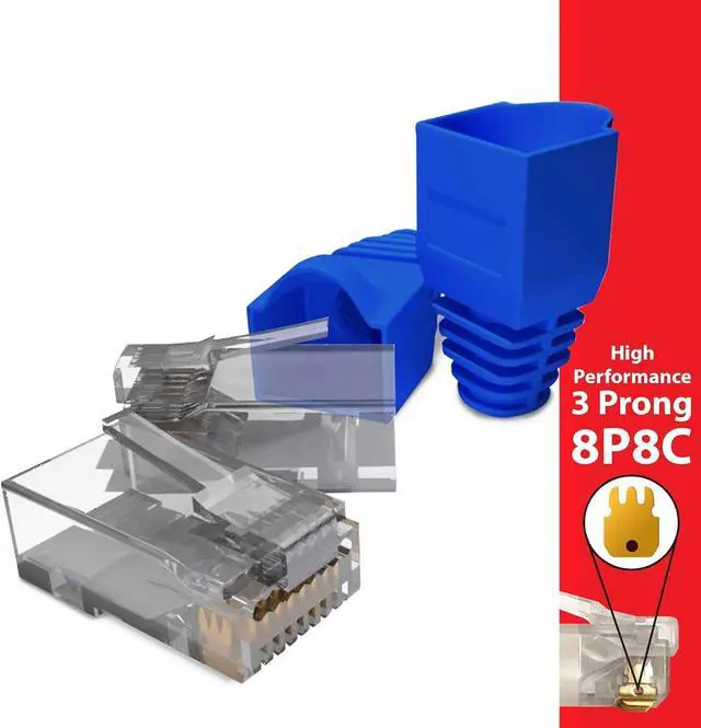 Alt view image 4 of 7 - TBEBE 100 Sets of RJ45 Cat6 Pass-Through Connectors for 24 AWG Cables - 100 Pieces Cat6 Connectors Ends and 100 Pcs RJ45 Connectors Blue Strain Relief Boots for Clean, snag-Free ethernet Patch Cord