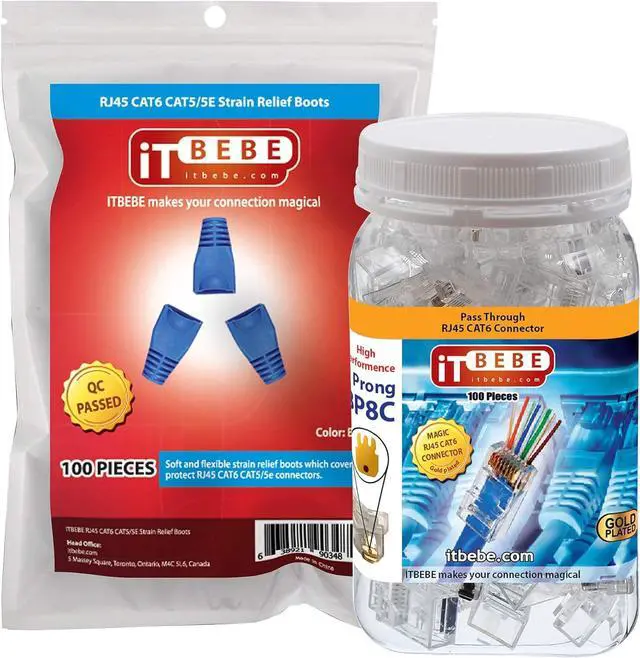 Alt view image 6 of 7 - TBEBE 100 Sets of RJ45 Cat6 Pass-Through Connectors for 24 AWG Cables - 100 Pieces Cat6 Connectors Ends and 100 Pcs RJ45 Connectors Blue Strain Relief Boots for Clean, snag-Free ethernet Patch Cord