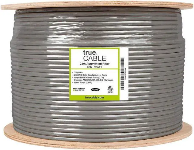 Alt view image 4 of 7 - trueCABLE Cat6A Riser (CMR), 1000ft, Gray, 23AWG 4 Pair Solid Bare Copper, 750MHz, PoE++ (4PPoE), ETL Listed, Unshielded Twisted Pair (UTP), Bulk Ethernet Cable