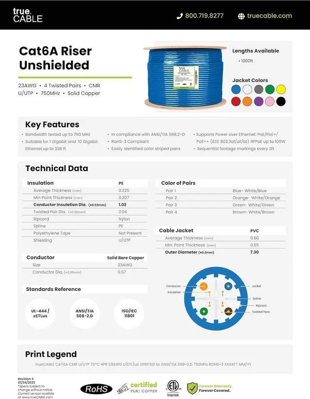 Alt view image 6 of 7 - trueCABLE Cat6A Riser (CMR), 1000ft, Gray, 23AWG 4 Pair Solid Bare Copper, 750MHz, PoE++ (4PPoE), ETL Listed, Unshielded Twisted Pair (UTP), Bulk Ethernet Cable